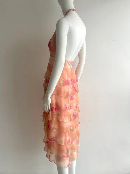 Vintage Orange Pink Halter Print Multi-Layer Ruffle Chiffon Prom Dress P4848