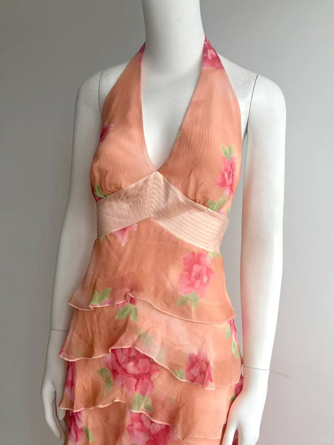 Vintage Orange Pink Halter Print Multi-Layer Ruffle Chiffon Prom Dress P4848