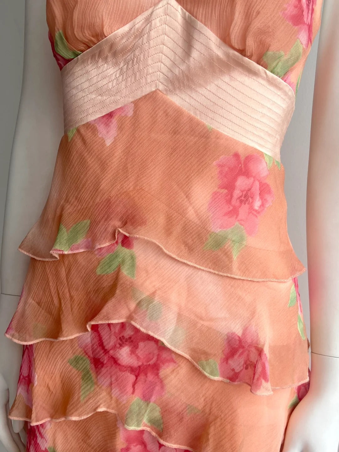 Vintage Orange Pink Halter Print Multi-Layer Ruffle Chiffon Prom Dress P4848