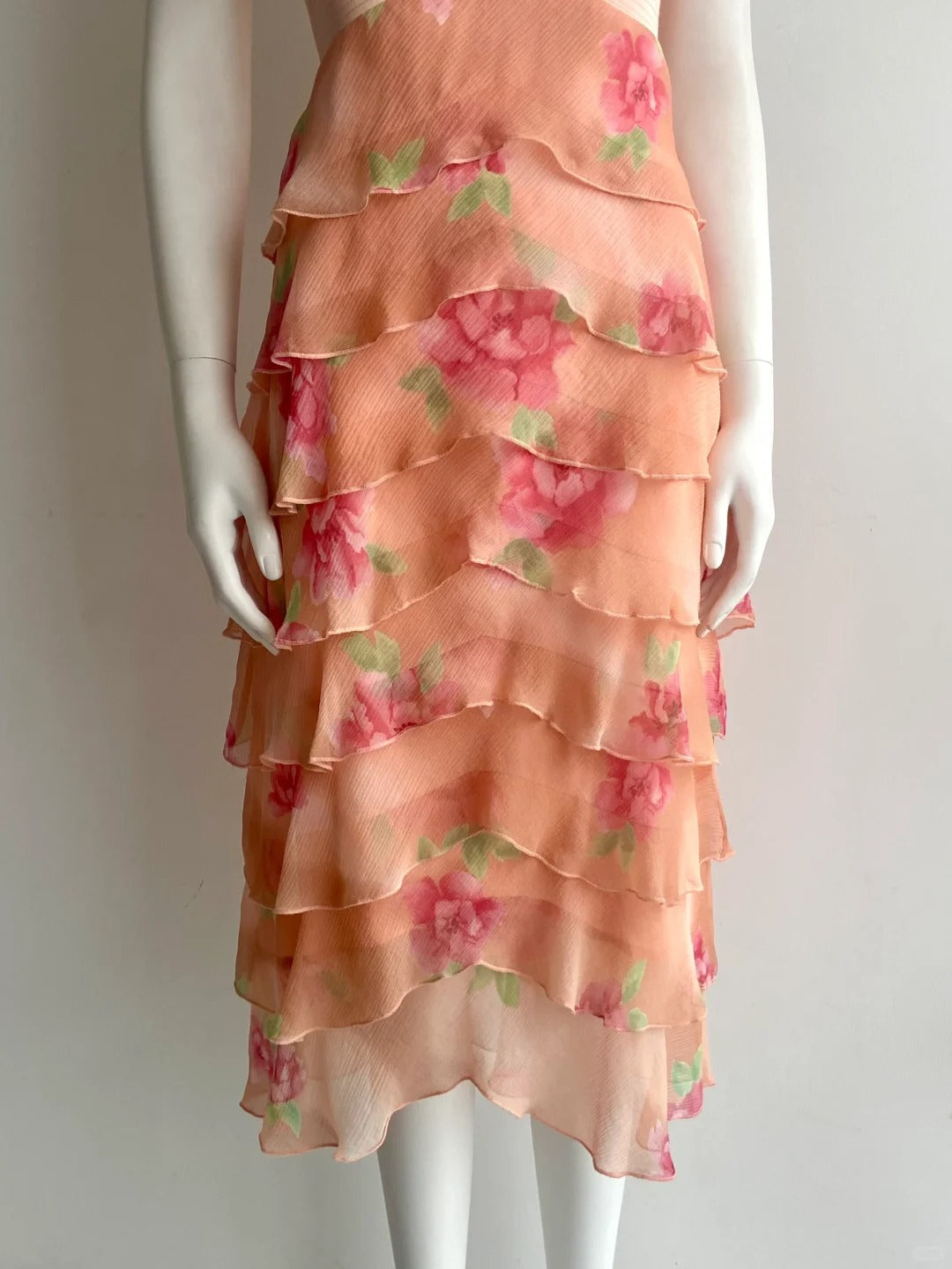 Vintage Orange Pink Halter Print Multi-Layer Ruffle Chiffon Prom Dress P4848