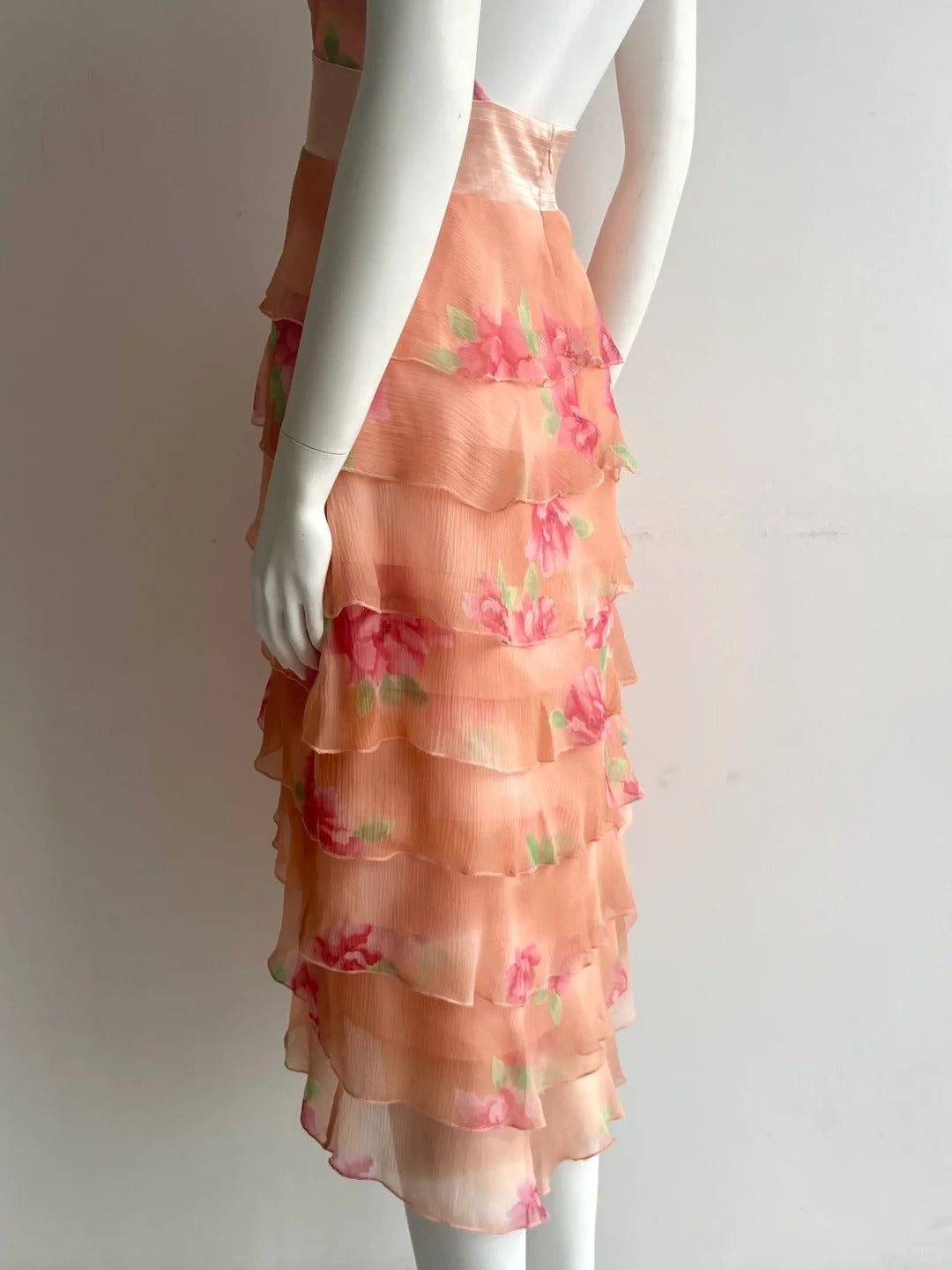 Vintage Orange Pink Halter Print Multi-Layer Ruffle Chiffon Prom Dress P4848