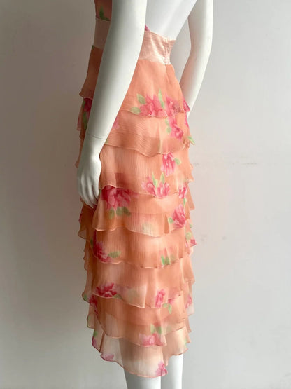 Vintage Orange Pink Halter Print Multi-Layer Ruffle Chiffon Prom Dress P4848