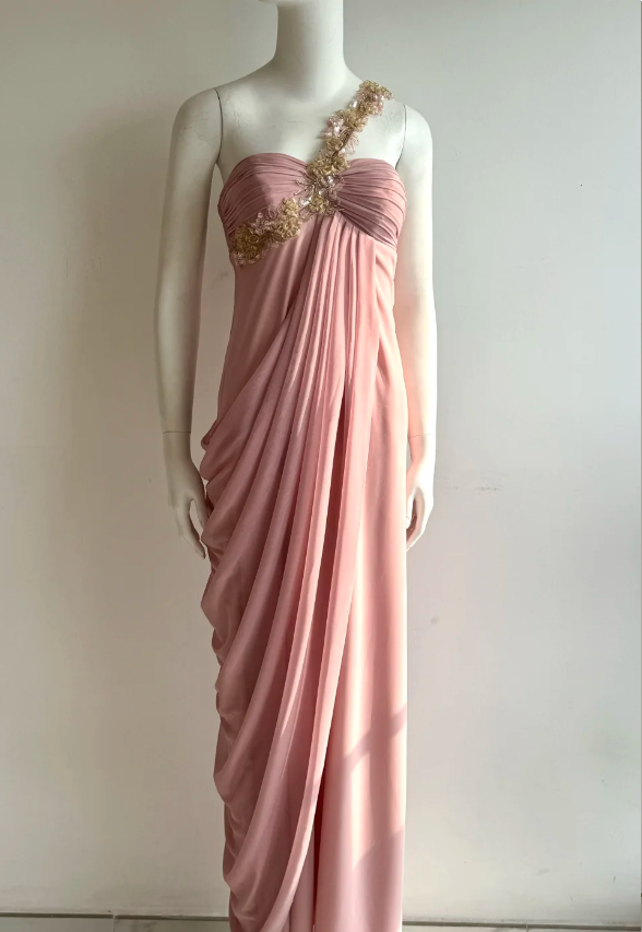 Elegant Pink One Shoulder Ruched Chiffon Long Prom Dress Evening Dress P4850