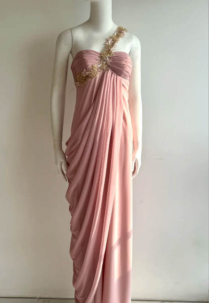 Elegant Pink One Shoulder Ruched Chiffon Long Prom Dress Evening Dress P4850