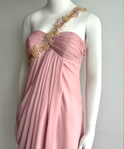 Elegant Pink One Shoulder Ruched Chiffon Long Prom Dress Evening Dress P4850