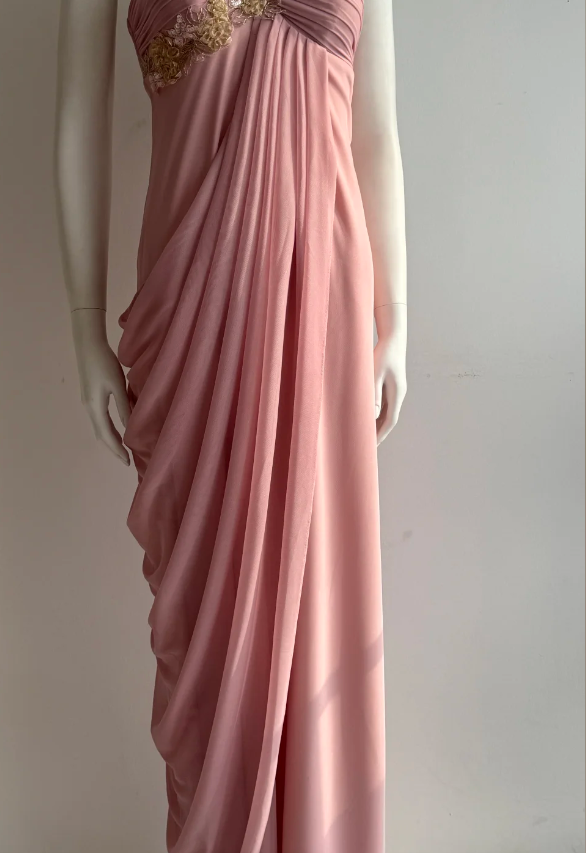 Elegant Pink One Shoulder Ruched Chiffon Long Prom Dress Evening Dress P4850