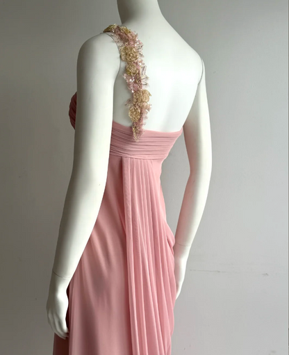 Elegant Pink One Shoulder Ruched Chiffon Long Prom Dress Evening Dress P4850
