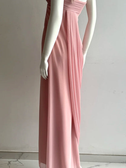 Elegant Pink One Shoulder Ruched Chiffon Long Prom Dress Evening Dress P4850