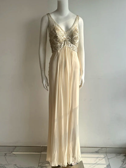 Vintage Ivory V-Neck Beaded Chiffon Long Prom Dress Evening Dress P4851