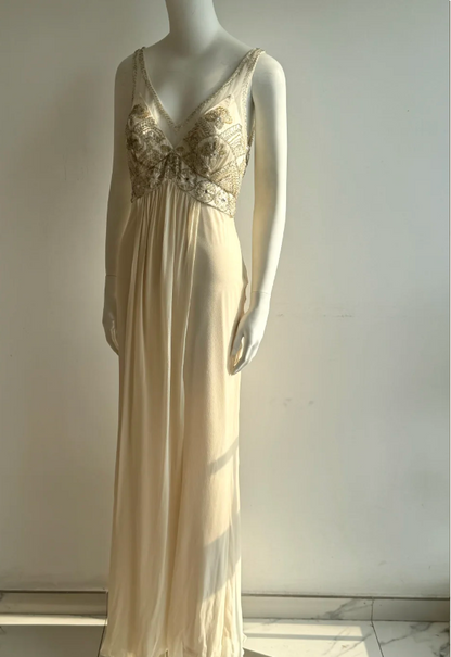Vintage Ivory V-Neck Beaded Chiffon Long Prom Dress Evening Dress P4851