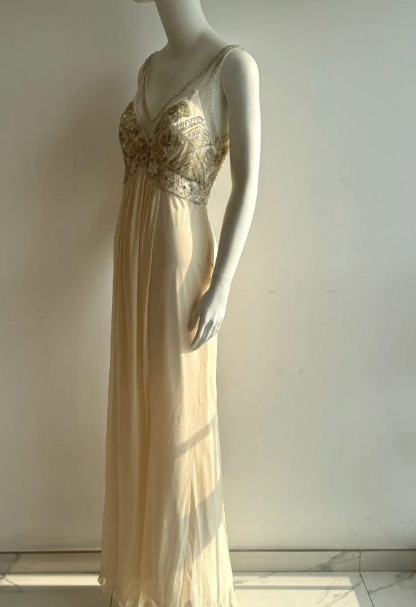 Vintage Ivory V-Neck Beaded Chiffon Long Prom Dress Evening Dress P4851