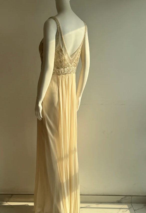 Vintage Ivory V-Neck Beaded Chiffon Long Prom Dress Evening Dress P4851