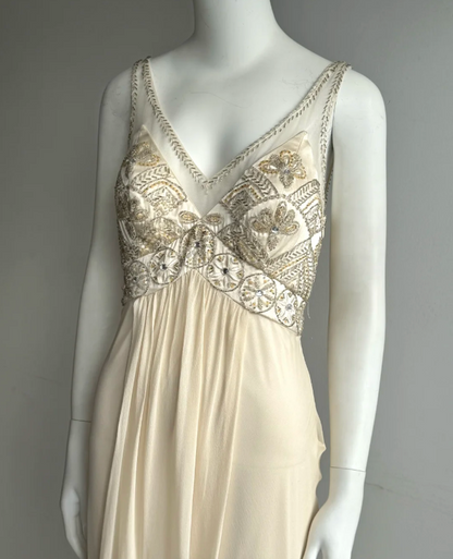 Vintage Ivory V-Neck Beaded Chiffon Long Prom Dress Evening Dress P4851