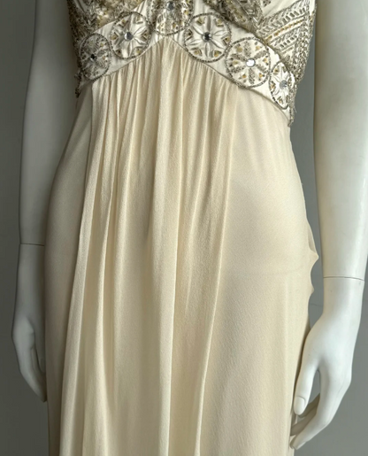 Vintage Ivory V-Neck Beaded Chiffon Long Prom Dress Evening Dress P4851