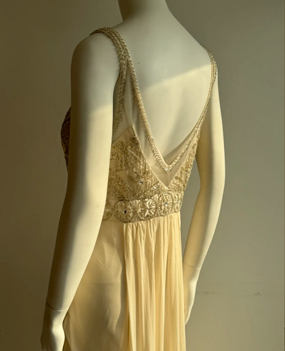 Vintage Ivory V-Neck Beaded Chiffon Long Prom Dress Evening Dress P4851