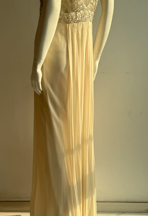 Vintage Ivory V-Neck Beaded Chiffon Long Prom Dress Evening Dress P4851