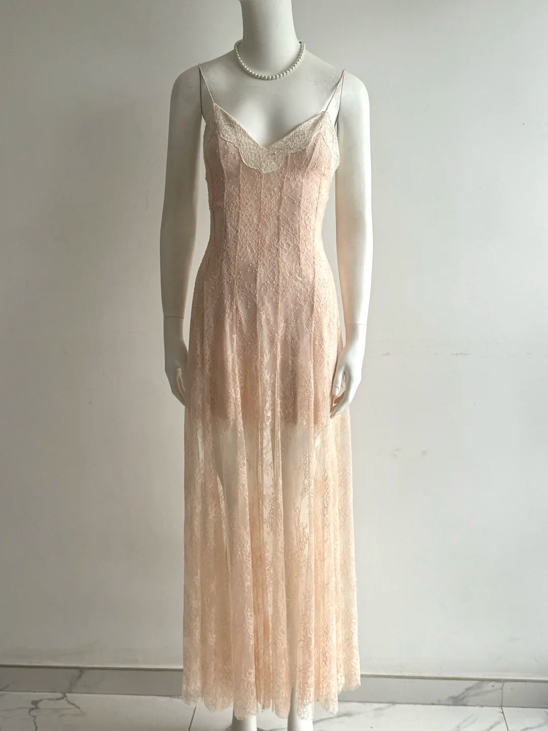 Elegant Pink V-Neck Spaghetti Strap Lace Long Prom Dress Evening Dress P4852
