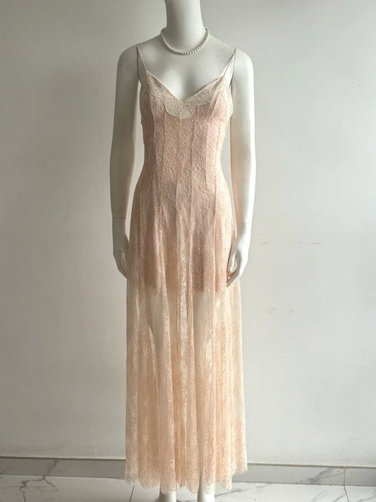 Elegant Pink V-Neck Spaghetti Strap Lace Long Prom Dress Evening Dress P4852