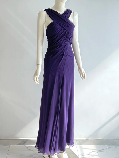 Charming Purple Cross Halter Neck Knot Ruched Chiffon Long Prom Dress Evening Dress P4853