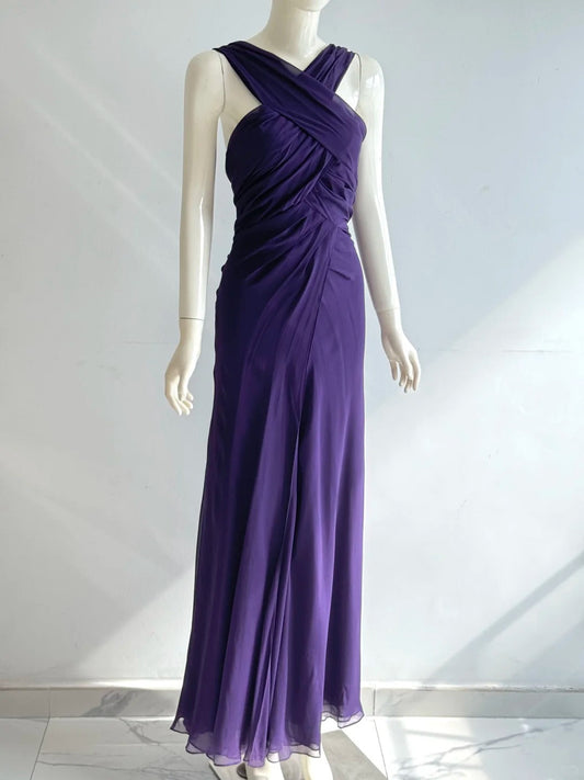 Charming Purple Cross Halter Neck Knot Ruched Chiffon Long Prom Dress Evening Dress P4853