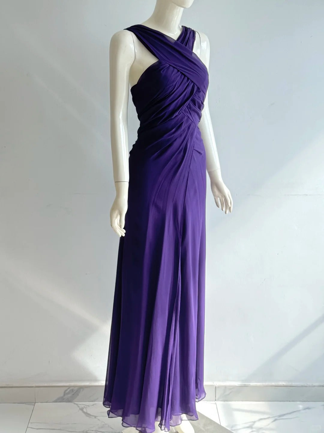 Charming Purple Cross Halter Neck Knot Ruched Chiffon Long Prom Dress Evening Dress P4853