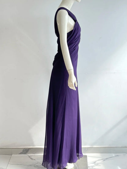 Charming Purple Cross Halter Neck Knot Ruched Chiffon Long Prom Dress Evening Dress P4853