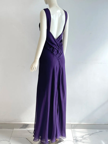 Charming Purple Cross Halter Neck Knot Ruched Chiffon Long Prom Dress Evening Dress P4853