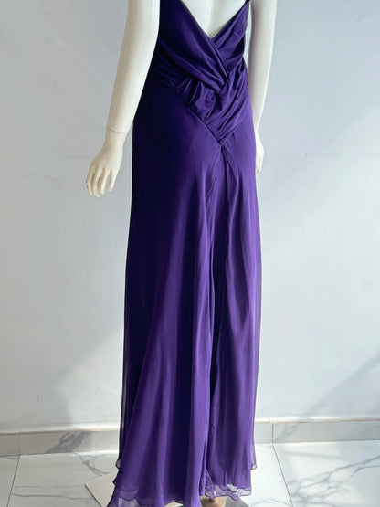 Charming Purple Cross Halter Neck Knot Ruched Chiffon Long Prom Dress Evening Dress P4853