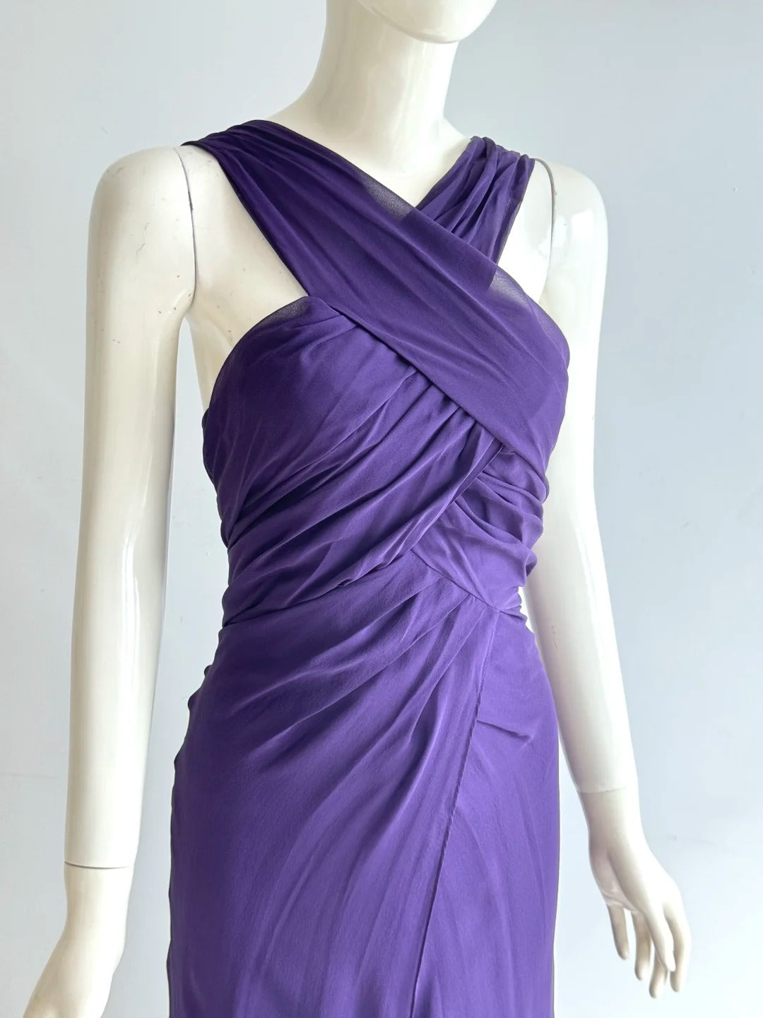 Charming Purple Cross Halter Neck Knot Ruched Chiffon Long Prom Dress Evening Dress P4853