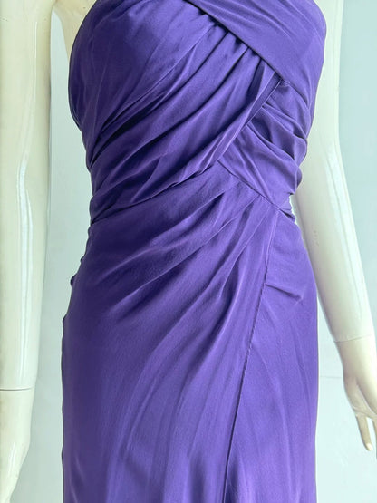 Charming Purple Cross Halter Neck Knot Ruched Chiffon Long Prom Dress Evening Dress P4853