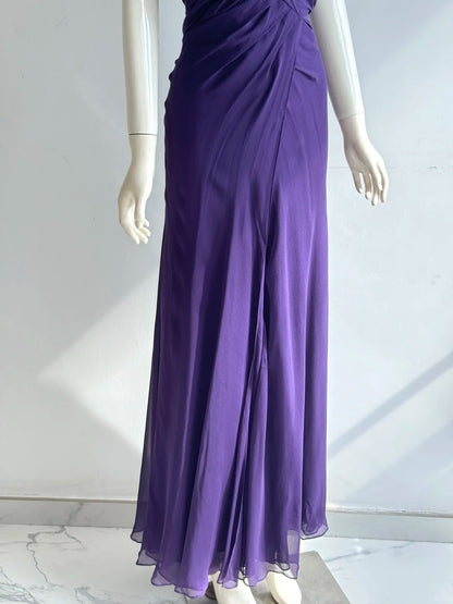 Charming Purple Cross Halter Neck Knot Ruched Chiffon Long Prom Dress Evening Dress P4853