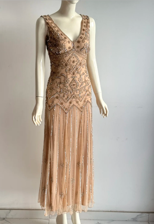 Vintage Nude Pink V-Neck Beaded Geometric Chiffon Long Prom Dress Evening Dress P4854