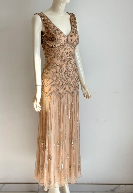 Vintage Nude Pink V-Neck Beaded Geometric Chiffon Long Prom Dress Evening Dress P4854