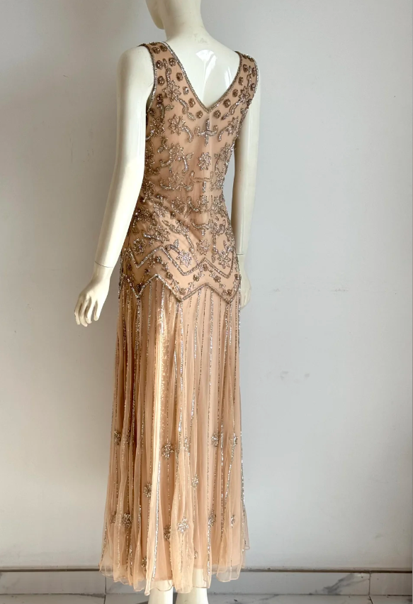 Vintage Nude Pink V-Neck Beaded Geometric Chiffon Long Prom Dress Evening Dress P4854