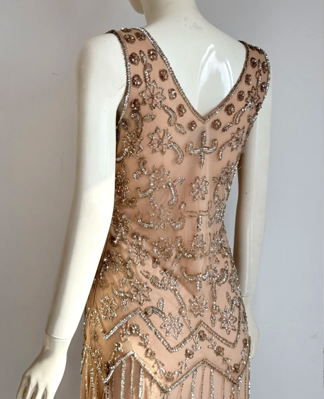 Vintage Nude Pink V-Neck Beaded Geometric Chiffon Long Prom Dress Evening Dress P4854