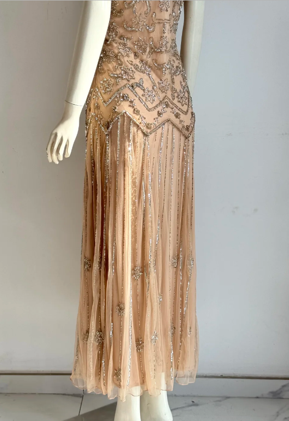 Vintage Nude Pink V-Neck Beaded Geometric Chiffon Long Prom Dress Evening Dress P4854