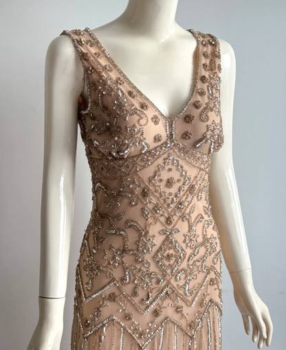 Vintage Nude Pink V-Neck Beaded Geometric Chiffon Long Prom Dress Evening Dress P4854