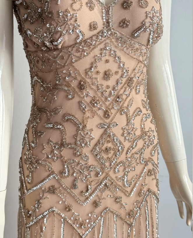 Vintage Nude Pink V-Neck Beaded Geometric Chiffon Long Prom Dress Evening Dress P4854