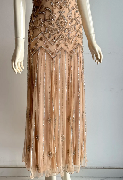 Vintage Nude Pink V-Neck Beaded Geometric Chiffon Long Prom Dress Evening Dress P4854