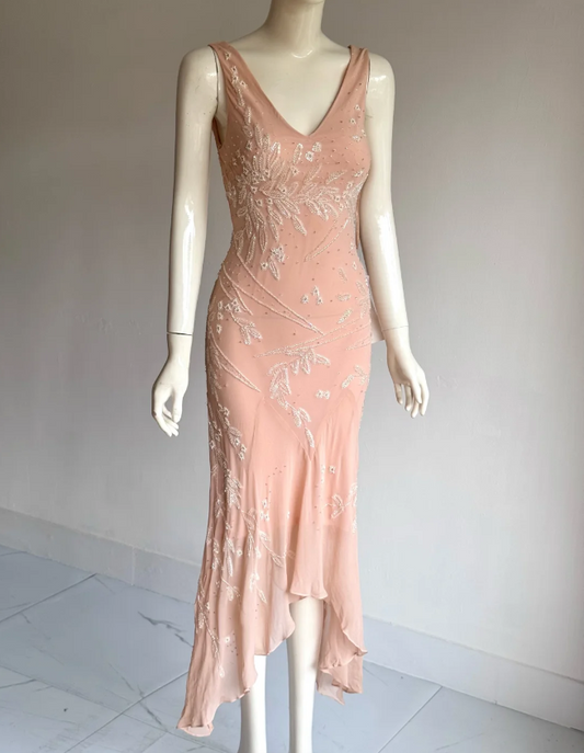 Sweet Pink V-Neck Sequin Beaded Irregular Mermaid Chiffon Prom Dress Evening Dress P4856