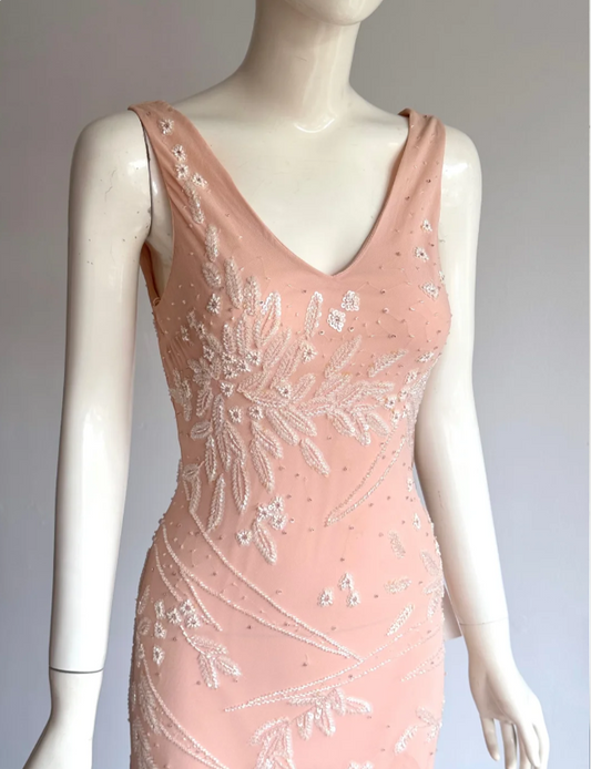 Sweet Pink V-Neck Sequin Beaded Irregular Mermaid Chiffon Prom Dress Evening Dress P4856
