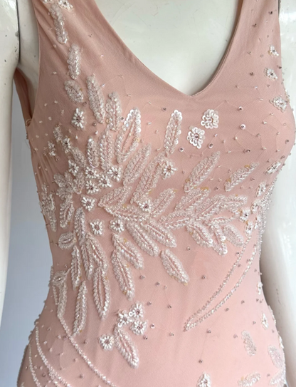 Sweet Pink V-Neck Sequin Beaded Irregular Mermaid Chiffon Prom Dress Evening Dress P4856