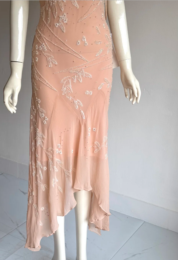 Sweet Pink V-Neck Sequin Beaded Irregular Mermaid Chiffon Prom Dress Evening Dress P4856