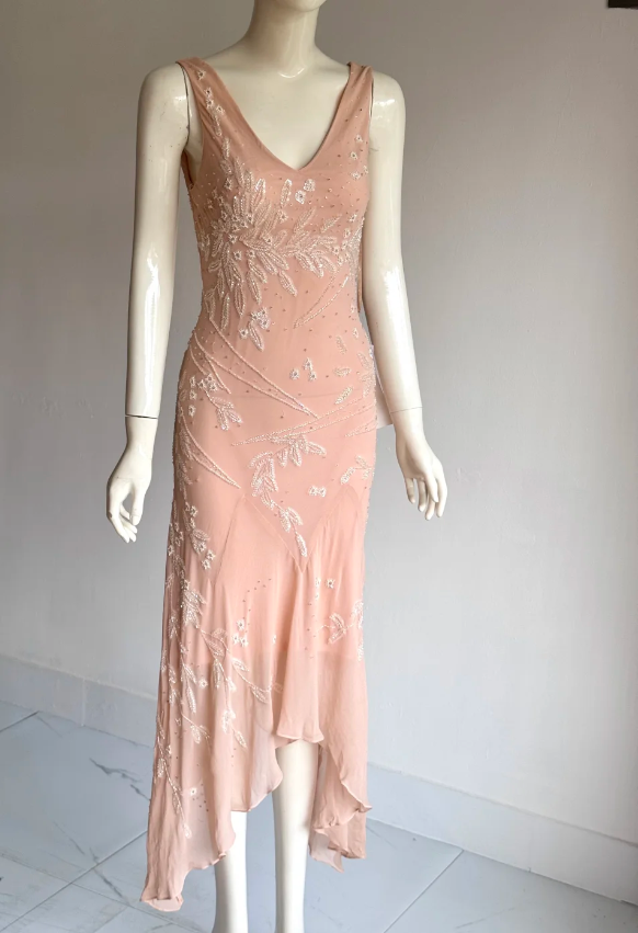 Sweet Pink V-Neck Sequin Beaded Irregular Mermaid Chiffon Prom Dress Evening Dress P4856