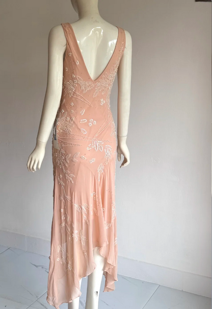 Sweet Pink V-Neck Sequin Beaded Irregular Mermaid Chiffon Prom Dress Evening Dress P4856