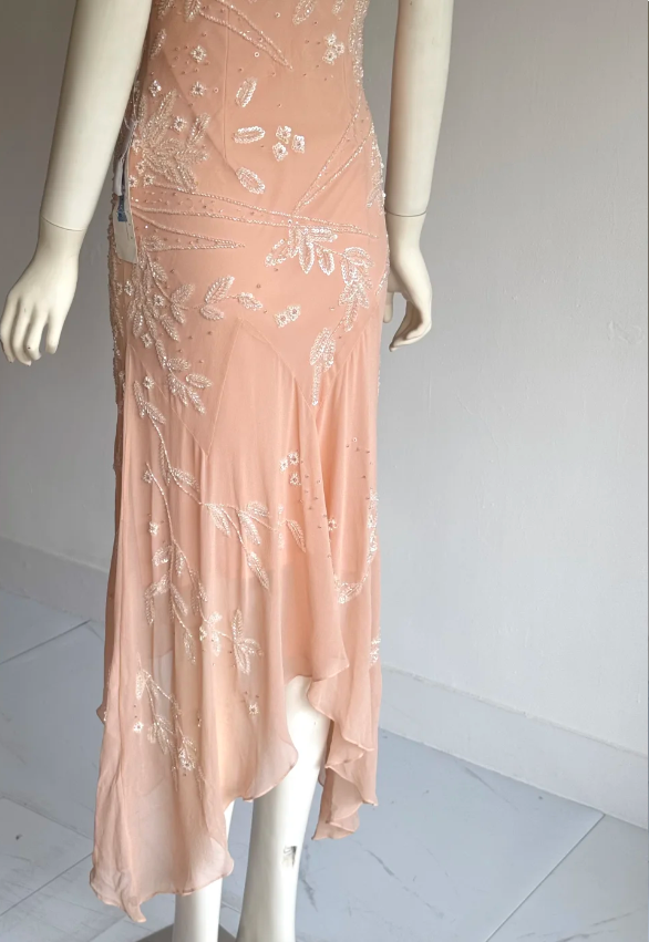 Sweet Pink V-Neck Sequin Beaded Irregular Mermaid Chiffon Prom Dress Evening Dress P4856