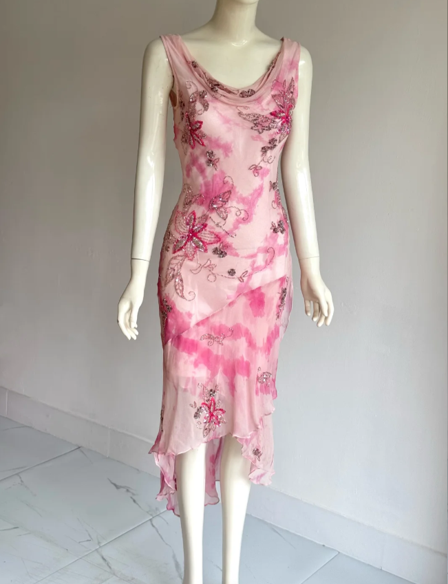 Beautiful Pink Cowl Neck Beaded Irregular Mermaid Chiffon Prom Dress Evening Dress P4857