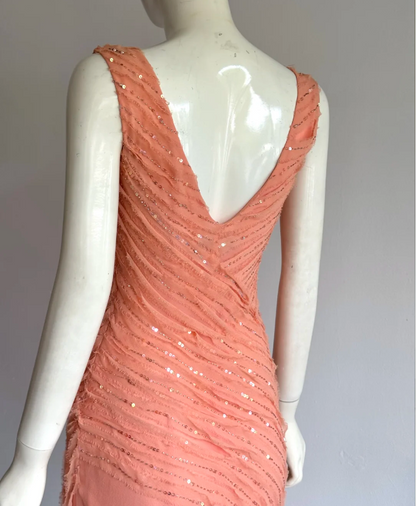 Elegant Coral Orange V-Neck Slim Beaded Sequined Chiffon Prom Dress Evening Dress P4858