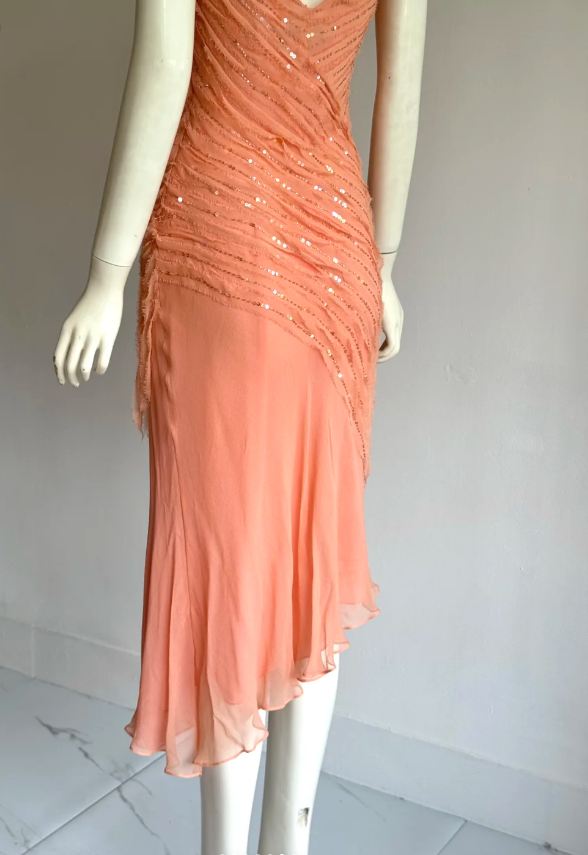 Elegant Coral Orange V-Neck Slim Beaded Sequined Chiffon Prom Dress Evening Dress P4858