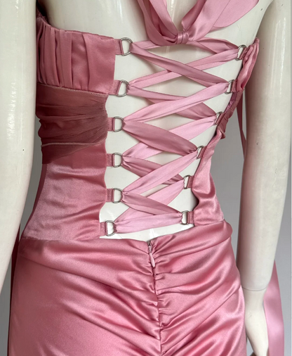 Elegant Pink Strapless Mermaid Back Lace-up Satin Long Prom Dress Evening Dress P4859